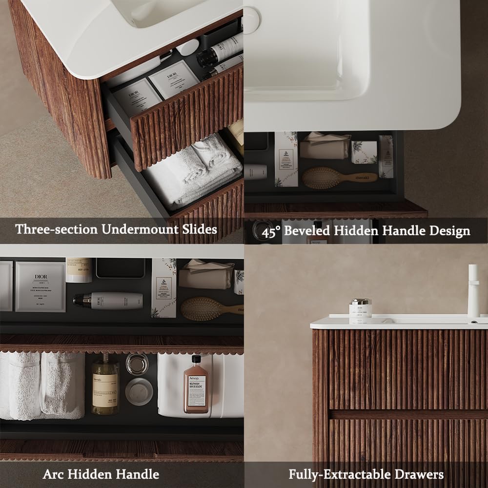 30" Bathroom Vanity with Sink, Modern Floating Vanity with 2 Push Close Soft Close Drawer, Ceramic Basin with Sink Hole Cover and Drain, Oak & Plywood-Bruges, Retro Walnut RAINLUX