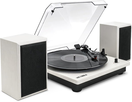 Victrola Montauk Vinyl Record Player, White Wood Finish, 3-Speed Belt Driven Turntable with Stereo Bluetooth Speaker Pair, RCA Output and 3.5mm Headphone Jack, Removable Dust Cover Victrola