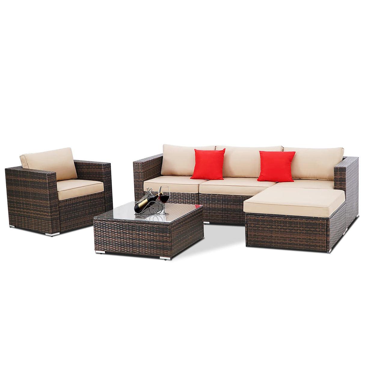SUNCROWN 6-Piece Outdoor Furniture Patio Sectional Sofa - PE Rattan Wicker Conversation Set with Cushions and Coffee Table SUNCROWN