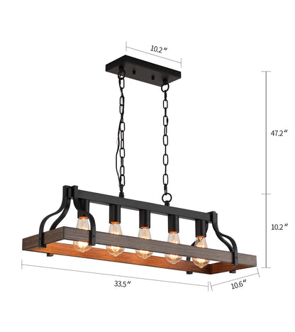 MEIXISUE Rustic Kitchen Island Dining Room Light Fixture Farmhouse Linear Chandelier Black and Retro Wood Finish 5-Light Industrial Metal Hanging Pendant Light UL Listed L33.5 W10.6