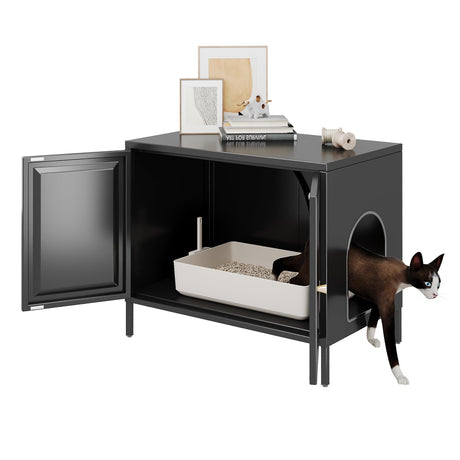 Aobabo Cat Litter Box Enclosure, Metal Cat Washroom Furniture with Barn Door, Pet House, Fit Most of Litter Box, Black, Assembly Required Aobabo