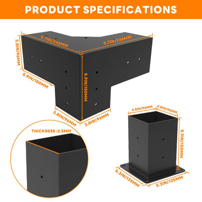 YEOOE Pergola Brackets 4x4 (Actual: 3.5x3.5 In), 4 Pack Woodworks Pergola Kit 3-Way Right Angle Corner Brackets with Post Base, Powder Coated Pergola Hardware for Lumber Pergola Gazebo Sunroom Carport