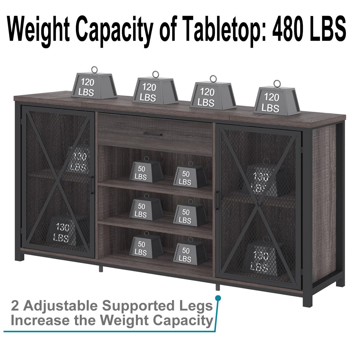 LVB Long Bar Cabinet with Fridge Space, Farmhouse Big Liquor Cabinet with Drawer Storage, Rustic Wood Metal Large Wine Cabinet with Rack, Modern Sideboard Buffet for Kitchen Dining Room, Gray, 70 Inch LVB