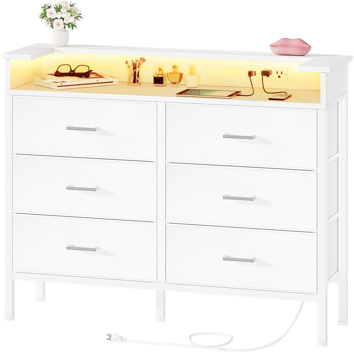 BOLUO White Dresser with LED Light and Charging Station for Bedroom 6 Drawer Dresser with USB Outlet, Dressers & Chests of Drawers Fabric Dresser for Closet Modern BOLUO