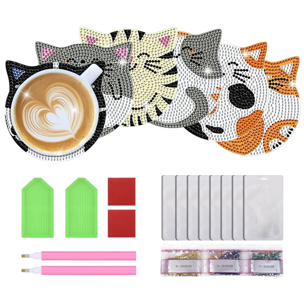 JUNIPLTER 6 PCS Cat Diamond Painting Coasters Kits with Double Tools, DIY Diamond Art Kits for Adults Kids Beginners, Cat Diamond Art Coasters Non-Slip & Heat Insulation, Perfect Holiday Gift JUNIPLTER