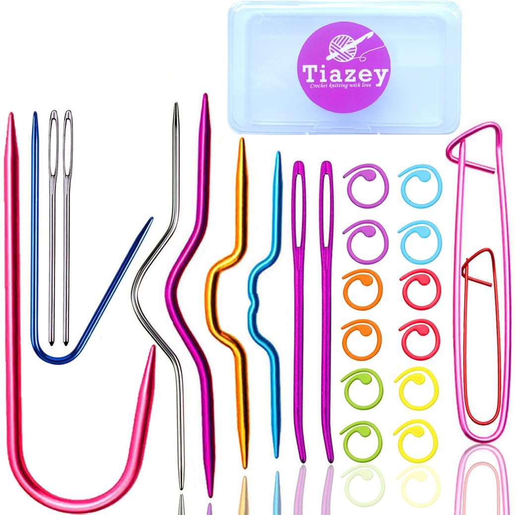 Various Cable Stitch Holders Knitting Needles,Curved Large-Eye Blunt Tapestry Sewing Yarn Needles Weaving, Knitting Metal Stitch Markers Clips- All Metal Knitting Accessories Tiazey