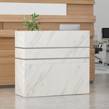 Homsee Modern Reception Desk with 3 Drawers, 1 Door Storage Cabinet & Hutch Shelf, Office Wooden Computer Desk, Writing Study Table PC Laptop Desk, White Marble (47.3" L x 18.3" W x 43.3" H) Homsee