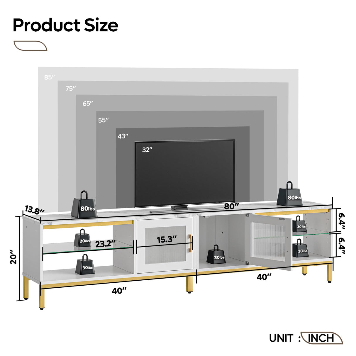 Bestier 80 inch TV Stand for TVs Up to 85", 4 in 1 Entertainment Center with LED Lights, Modern Media Console Table with Storage Cabinet & Adjustable Shelves, for Living Room Bedroom, White Marble Bestier