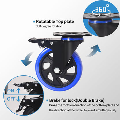 5 Inch Caster Wheels, Casters Set of 4 Heavy Duty with Brake, Safety Dual Locking Casters, No Noise Wheels with Polyurethane Foam, Load 2400LBS (Two Hardware Kits Included)