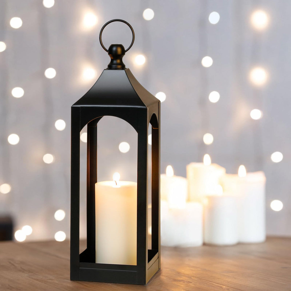 Modern Farmhouse Lantern Decor, Black Metal Decorative Hanging Candle Lanterns Ideal for Home Decor, Parties & Events, 15.1" High (No Glass Panel) SUJUN