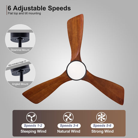 BOJUE 42 Inch Black Ceiling Fans with Lights and Remote,3 Color LED Light,Quite Reversible DC Motor,Memory Function,Modern Solid Wood Indoor Outdoor Ceiling Fan with light for Farmhouse Bedroom Patio BOJUE