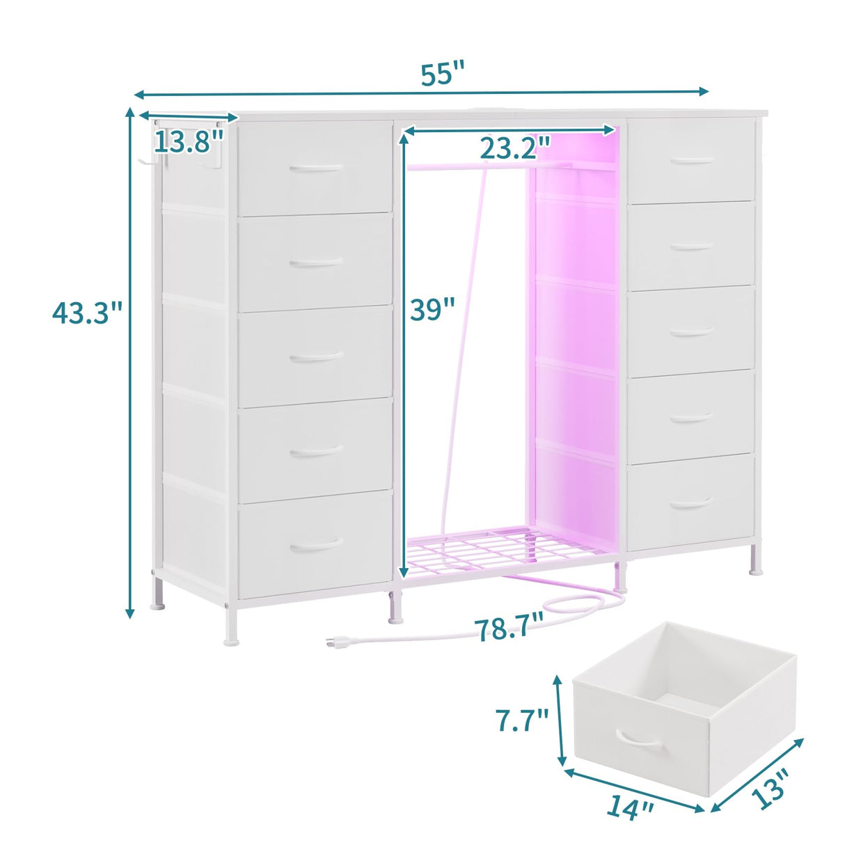 LUMTOK 55" W 2-in-1 Dresser with Hanging Rack, 10 Drawers Dresser for Bedroom, White Drawer Dressers with LED Lights, Charging Station and Hanging Racks for Bedroom LUMTOK