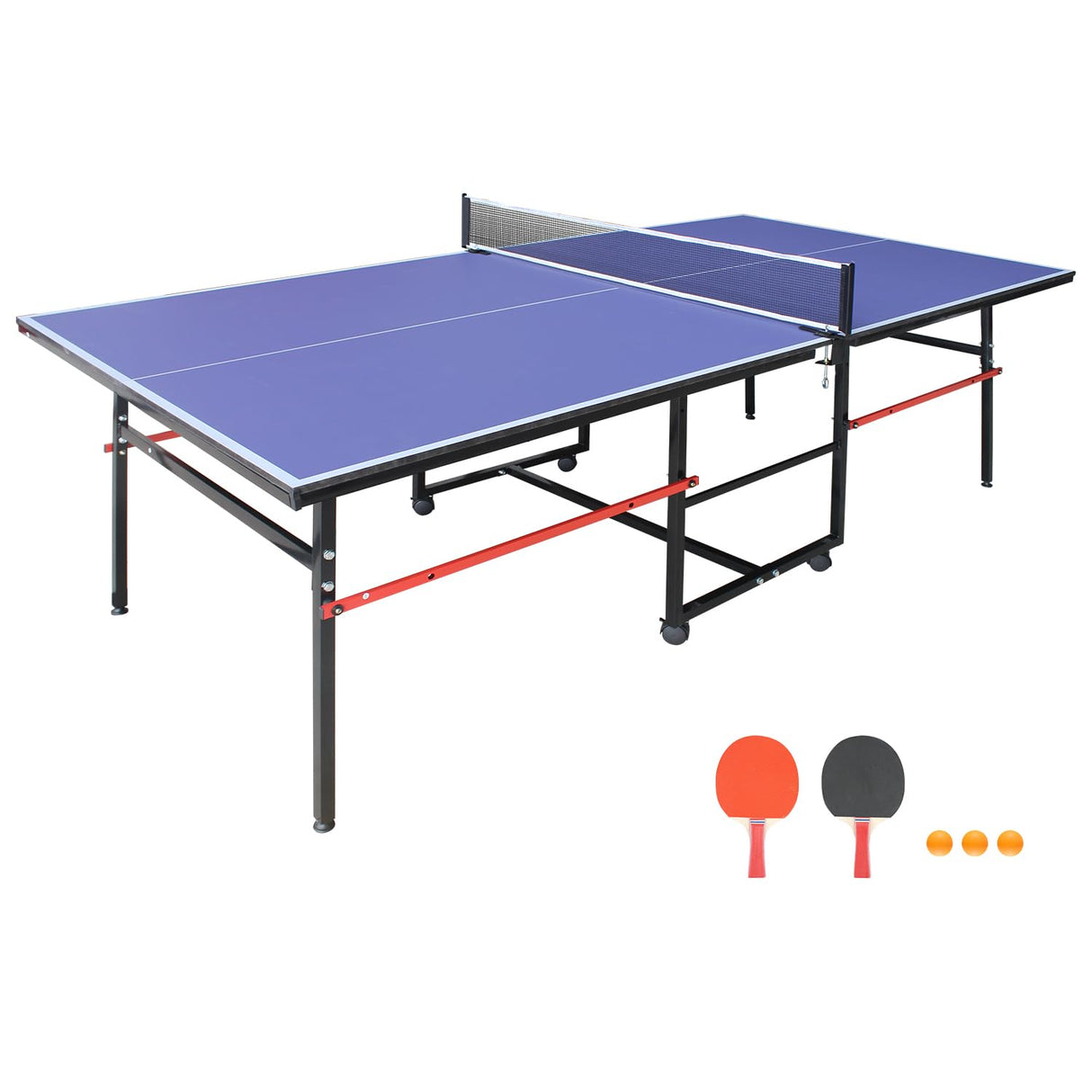 AOKUNG Blue Folding Rolling Table Tennis Table Indoor and Outdoor Table Tennis Table, 2 Rackets, 3 Balls, 1 Net and 4 Wheels Set Behind It for Easy Movement AOKUNG