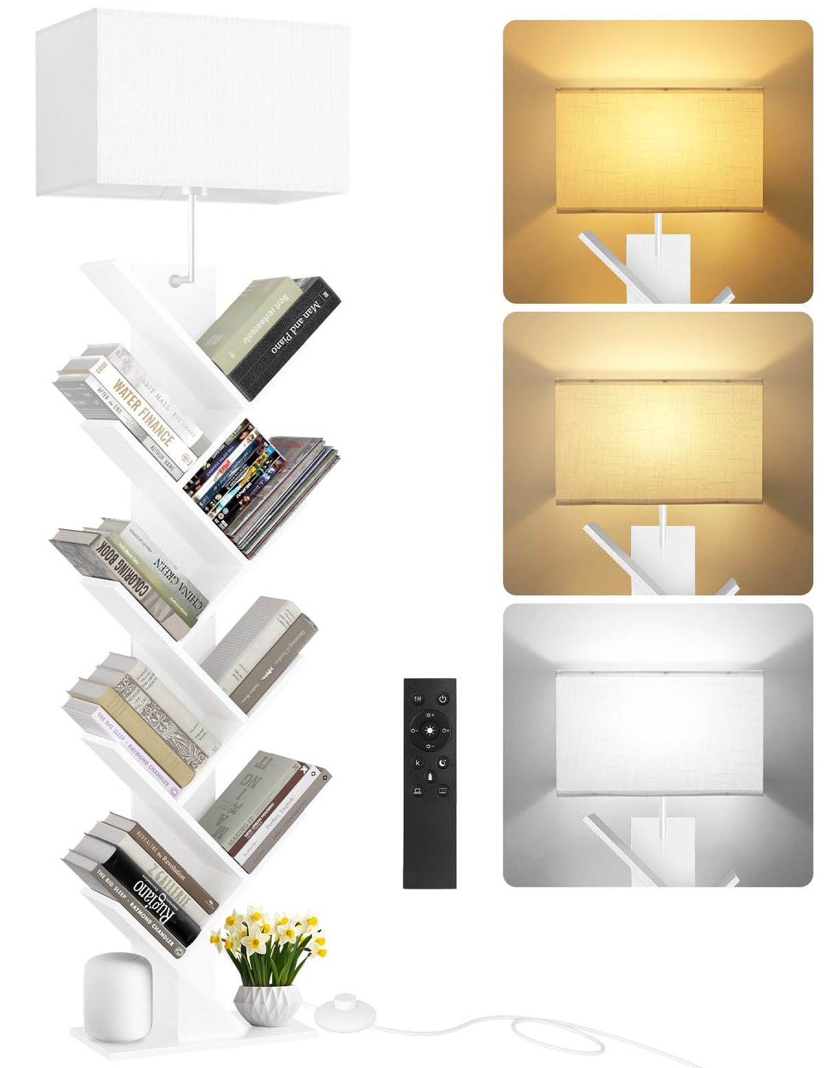 OUTONLIFE 9 Tier Tree Bookshelf with Light, Remote & Timer, Dimmable Tall Floor Standing Lamp, Narrow Wood Bookcase, Small Book Organizer Shelves for Living Room, Bedroom, Home Office (White) OUTONLIFE