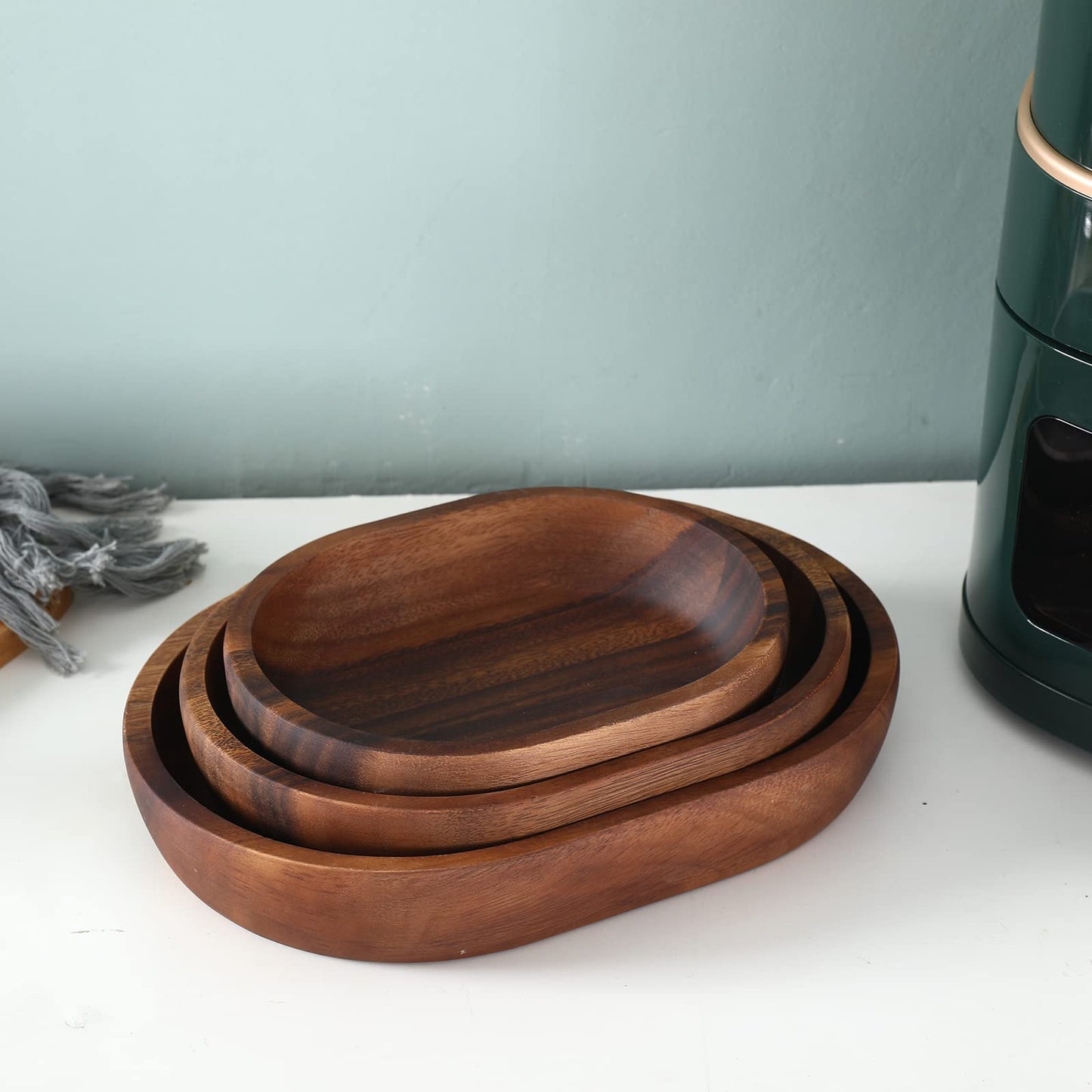 olelo Wooden Salad Bowl Set of 3-Acacia Wood Oval Dessert Displays Serving Trays Great for Fruit, Food, Salads, Mixing & Serving Bowls