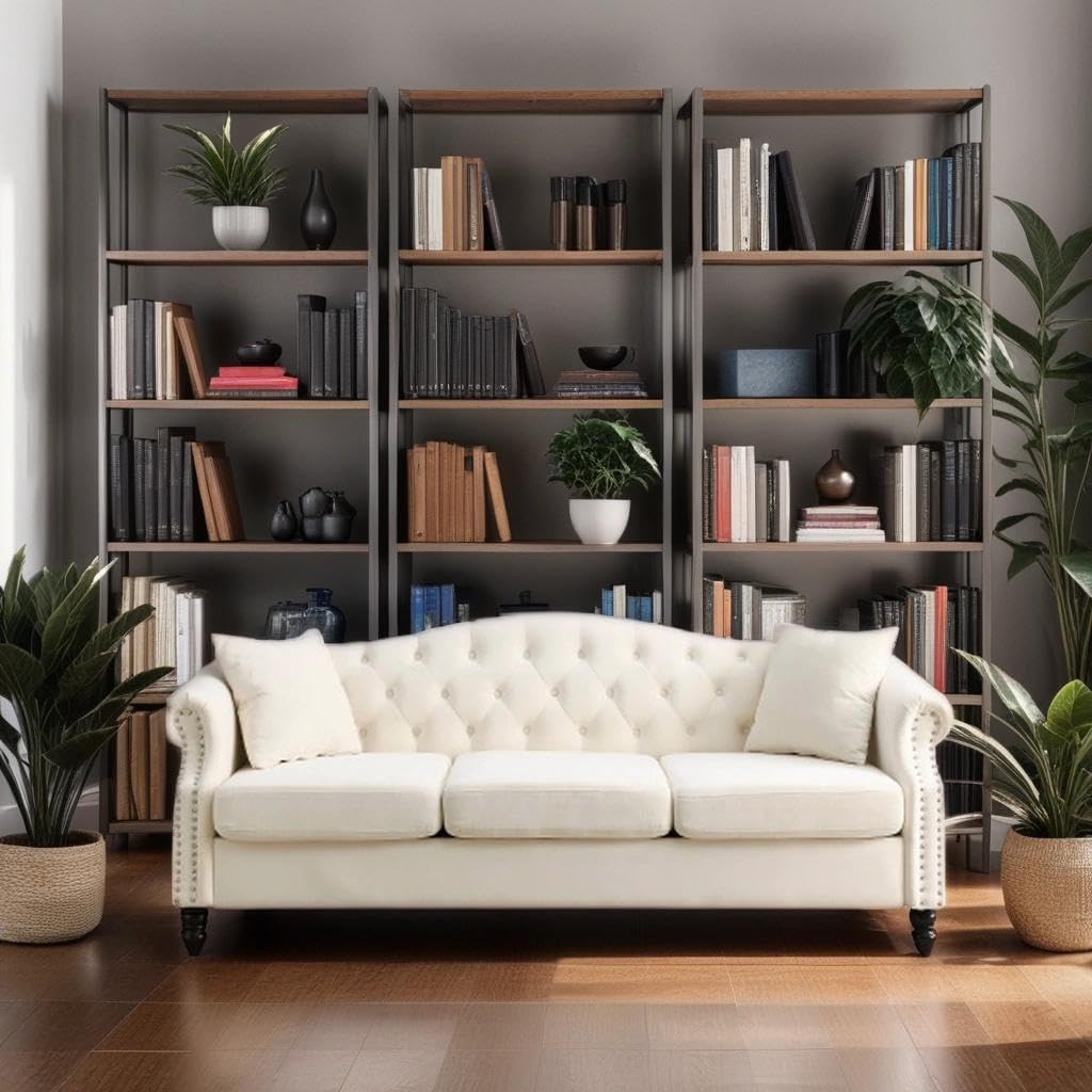 ATUMON 79" Chesterfield Sofa Couch for Living Room, 3-Seater Mid Century Modern Soft Velvet Tufted Sofa with Rolled Arms Nailhead & Two Pillows for Bedroom, Office & Coffee Bar, Beige ATUMON