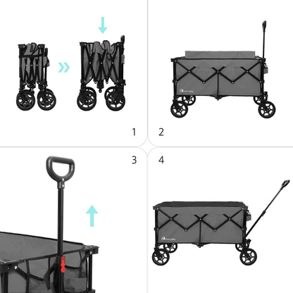 Moon Lence Collapsible Folding Wagon Cart Heavy Duty Folding Garden Portable Hand Cart with All-Terrain Beach Wheels, Adjustable Handle & Drink Holders (Grey)