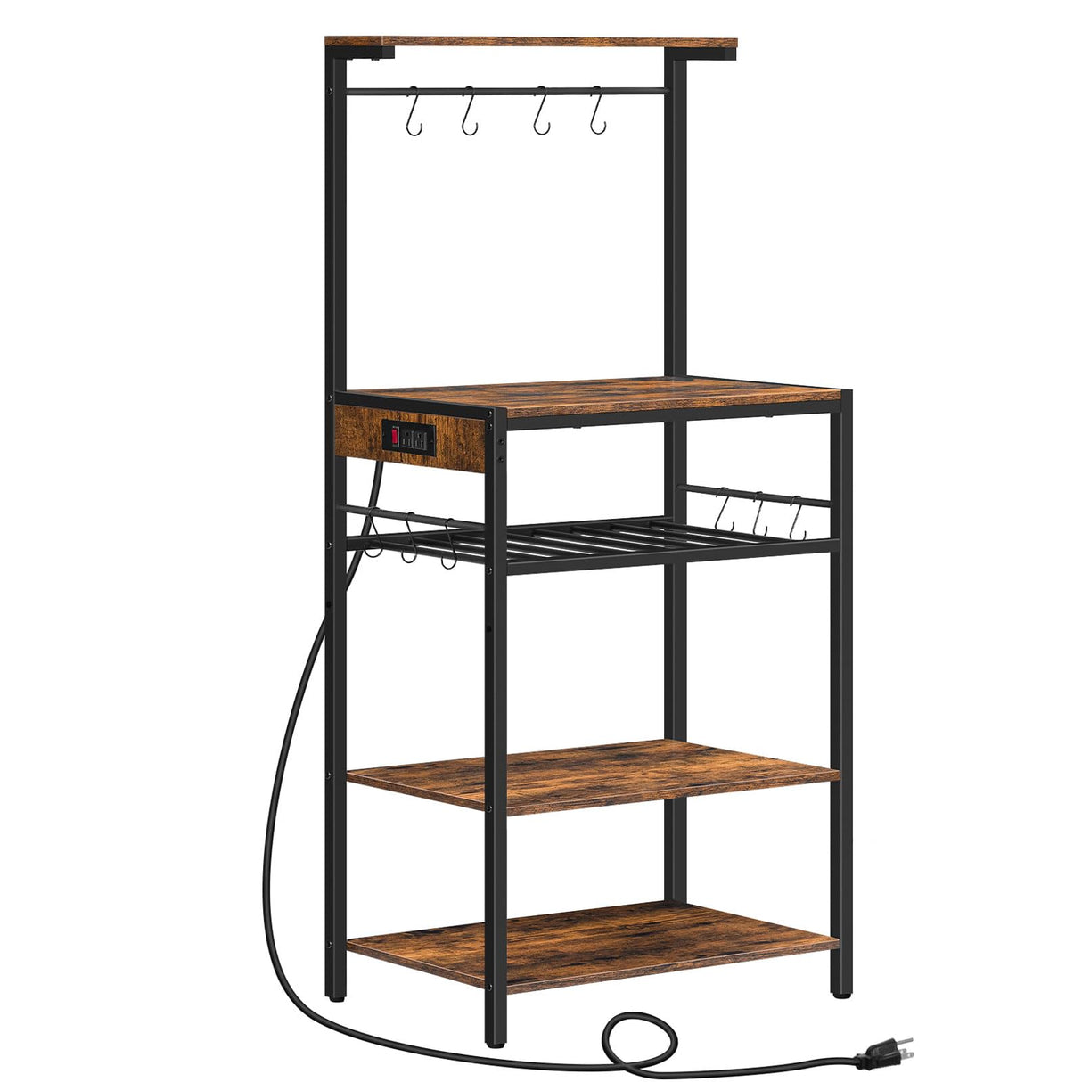 HOOBRO Rustic Brown Kitchen Bakers Rack with Power Outlet and Adjustable Wine Rack HOOBRO