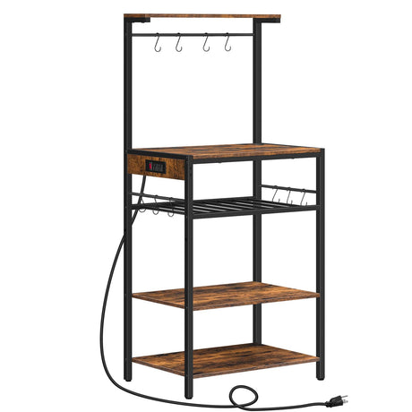 HOOBRO Rustic Brown Kitchen Bakers Rack with Power Outlet and Adjustable Wine Rack HOOBRO