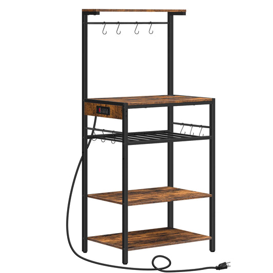 HOOBRO Kitchen Bakers Rack with Power Outlet, 5-Tier Coffee Bar with Adjustable Wine Rack, Microwave Stand with 10 S-Shaped Hooks, Kitchen Storage Shelf Rack, Rustic Brown BF60UHB01