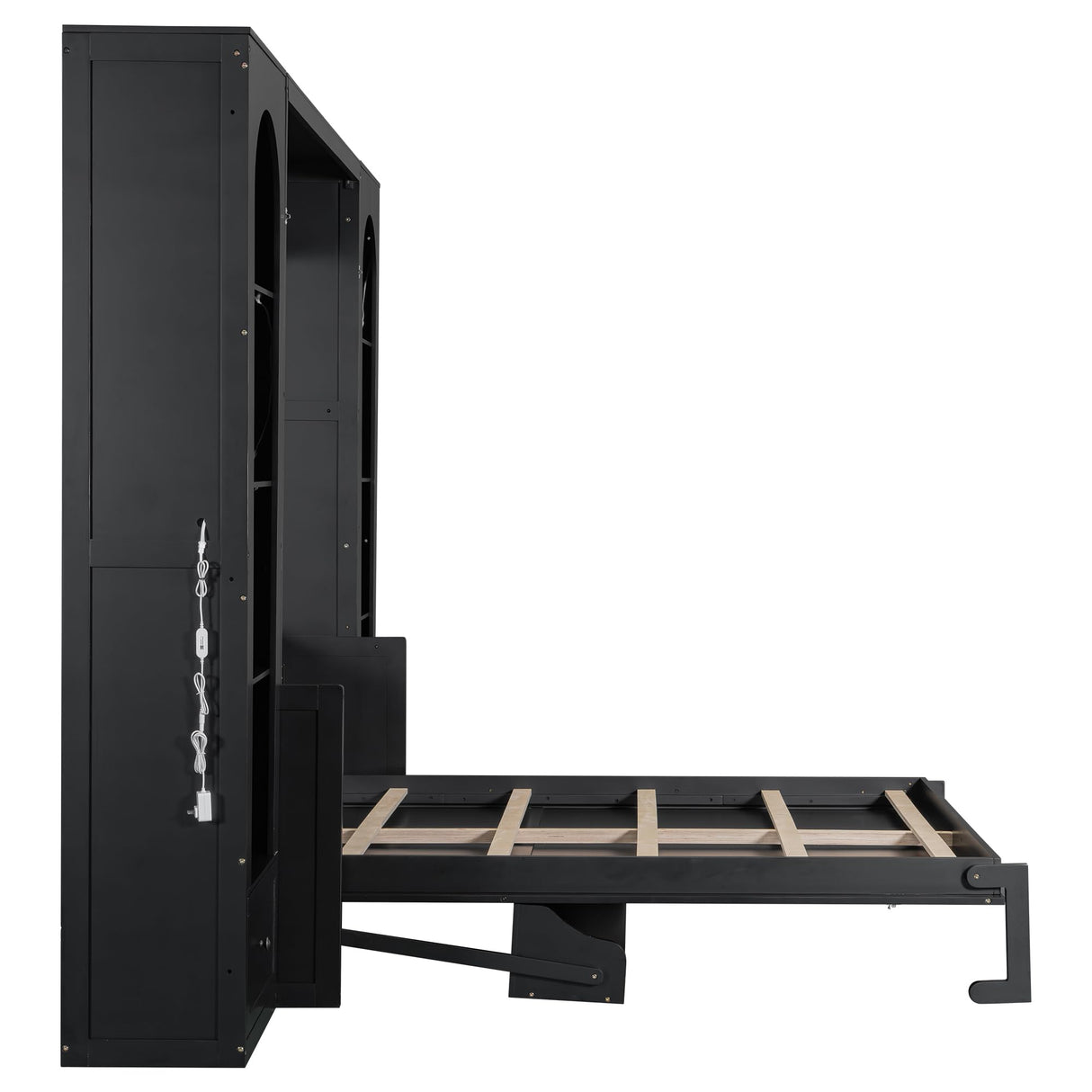 LUMISOL Queen Size Murphy Bed, Murphy Bed Cabinet with Storage Shelves, Cabinets, Drawers and LED Lights, Folding Wall Bed Frame for Guestroom, Apartment, Small Space, Black LUMISOL