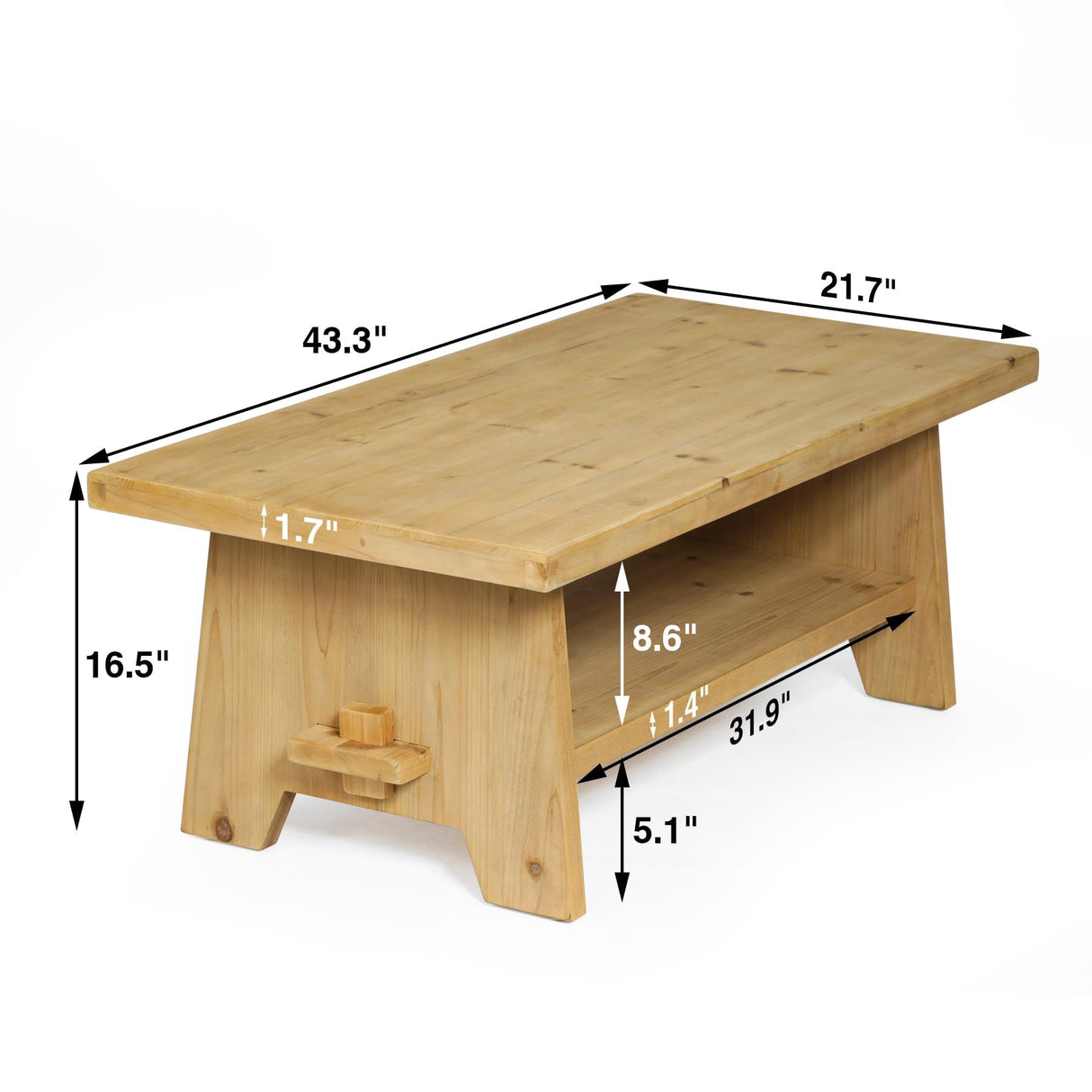 HOKYHOKY Farmhouse Wood Coffee Table - 43.4” Mid Century Modern Wooden Coffee Tables for Living Room, Solid Firwood Tabletop Rectangle Coffee Table, Center Table for Living Room, Natural Wood Color HOKYHOKY
