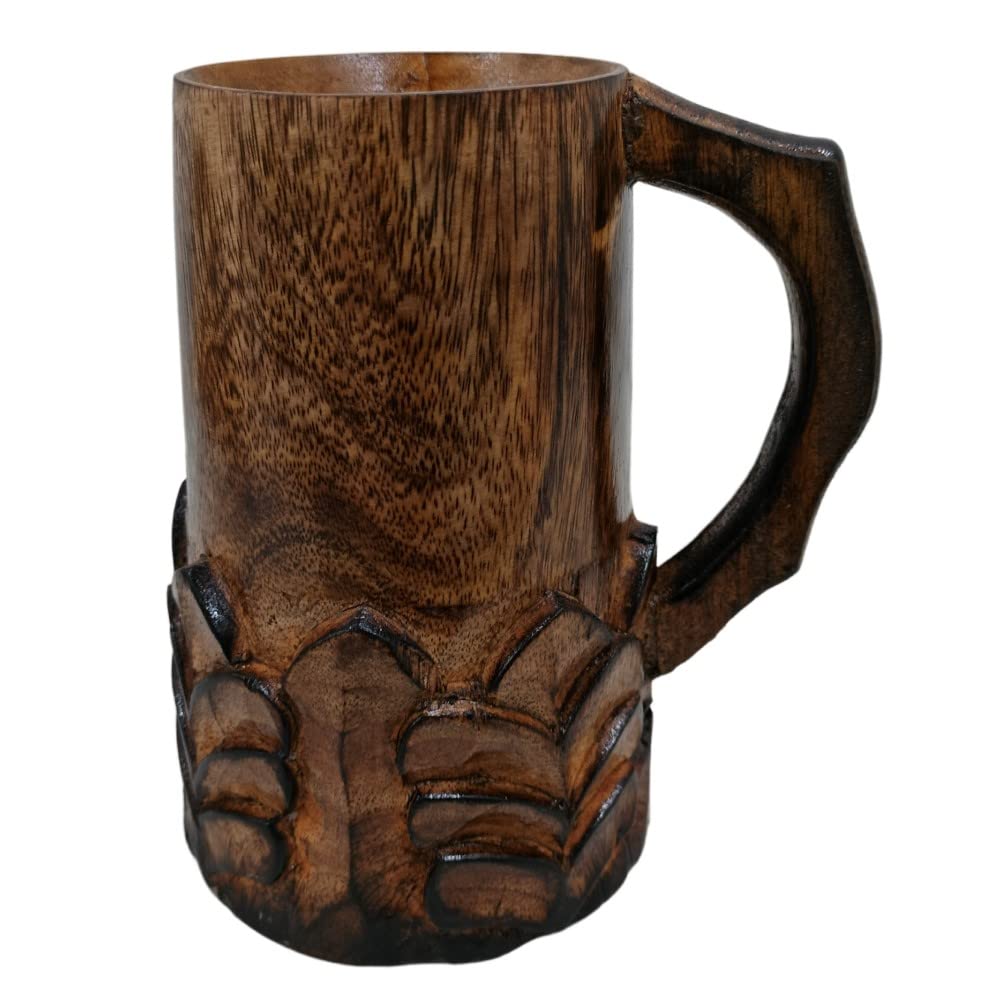 Handcrafted Wooden Beer Mug with Handle Antique Color Floral Cut Design Viking Renissance Beer Tankard Fantasy Mug Rustic Handmade Wood Beer Groomsmen - WoodArtSupply