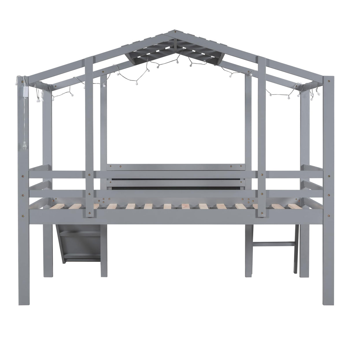 Merax Twin Loft Bed with Slide for Boys & Girls, Wood House Style with Blackboard & Light Strip, Grey Merax