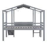 Merax Twin Loft Bed with Slide for Boys & Girls, Wood House Style with Blackboard & Light Strip, Grey Merax