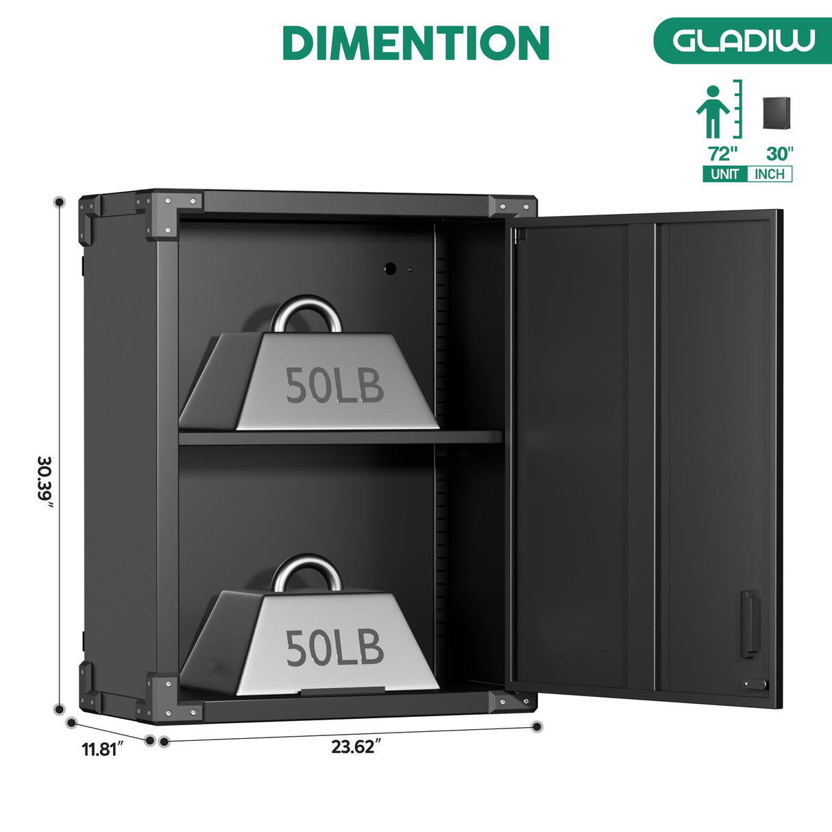 GLADIW Metal Wall Cabinet, Wall-Mounted Locker with Locking Door and Adjustable Shelf, Metal Hanging Cabinet, Steel Garage Storage Cabinet for Home, Office and Tool Room, Black GLADIW