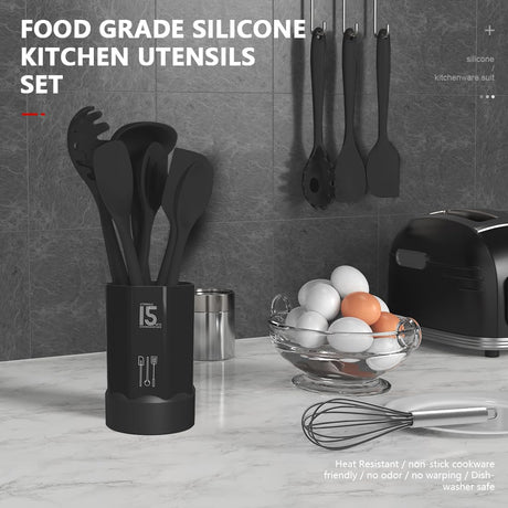 Silicone Cooking Utensils Set - 446°F Heat Resistant Kitchen Utensils,Turner Tongs,Spatula,Spoon,Brush,Whisk,Kitchen Utensil Gadgets Tools Set for Nonstick Cookware,Dishwasher Safe (BPA Free) AOTHOD
