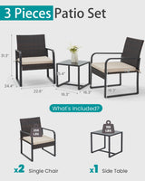 Bezseller 3 Piece Outdoor Patio Furniture Set, Patio Bistro Set Wicker Conversation Set, Modern Rattan Chair with Glass Coffee Table for Backyard, Porches, Poolside, Lawn and Balcony Bezseller