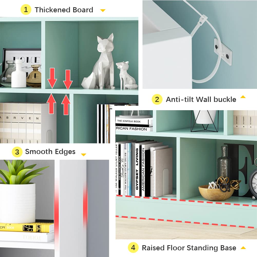 IOTXY Open Shelf Low Bookcase - Wooden 3-Tier Floor Standing Display Cabinet Organizer with Base, 10 Cubes Short Horizontal Bookshelf in Warm White IOTXY