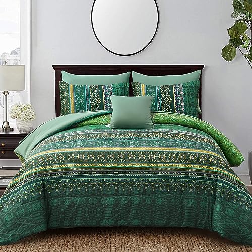 Boho Green Comforter Set Queen Size,8 Piece Bed in a Bag Bohemian Striped Bedding Quilt Set,Dark green Paisley Floral Comforter and Sheet Set,Soft Microfiber Complete Bedding Sets for All Season Cottolester