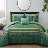 Boho Green Comforter Set Queen Size,8 Piece Bed in a Bag Bohemian Striped Bedding Quilt Set,Dark green Paisley Floral Comforter and Sheet Set,Soft Microfiber Complete Bedding Sets for All Season Cottolester