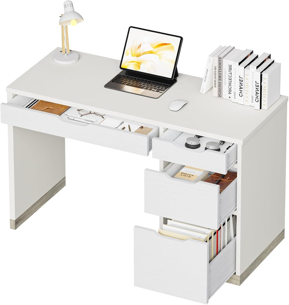 MaverickFurni White Computer Desk with Storage Drawers, Home Office Small Desk with File Cabinet, Study Desk for Kids with 4 Drawers, Modern Kids Desk for Bedroom, Small Space MaverickFurni