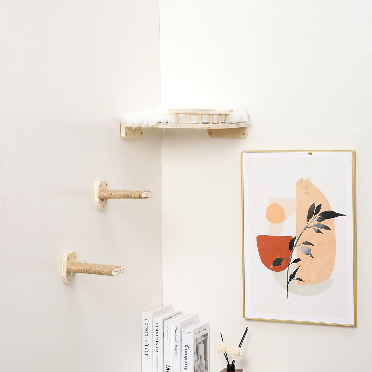 COOLEX Cat Wall Shelves - 3 Steps Scratch Post & Hammock Bed with Plush Cover, Climbing Shelf for Indoor Cats (Wood) COOLEX