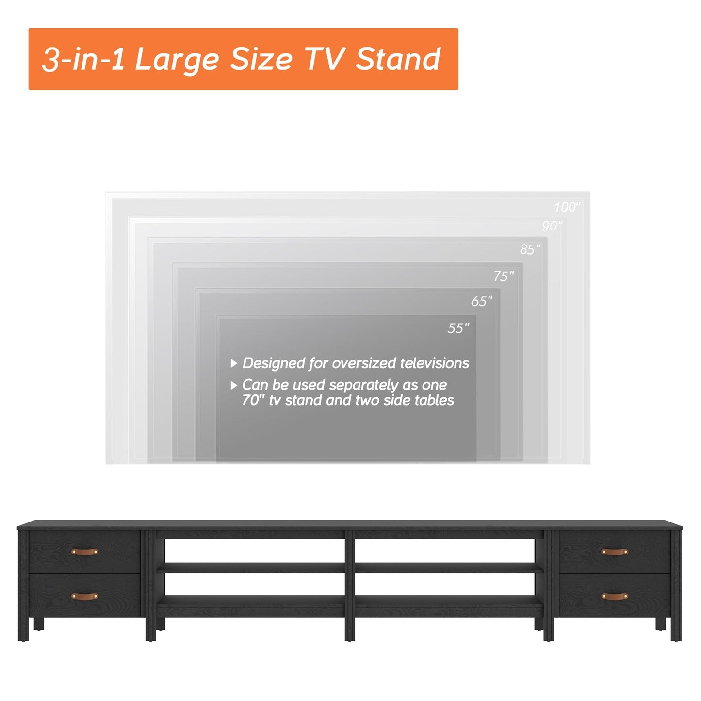 WAMPAT Farmhouse TV Stand for 100 Inch TV, Wood Entertainment Center for 95 90 85 inch TV Console Table with 4 Cubby Storage & 4 Drawers for Living Room Bedroom,Black