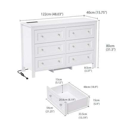 HAIOOU 6 Drawer Double Dresser, White Modern Chest of Drawers with Deep Drawers, Charging Station and Crystal/Black Handles, Wooden Drawer Storage Organizer Cabinet for Bedroom, Living Room - WoodArtSupply