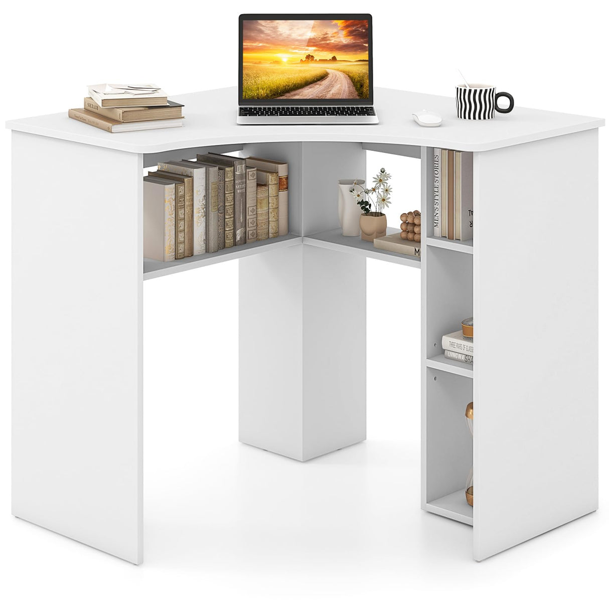Tangkula White Corner Desk with Storage Shelves, Space-saving Triangle Study Writing Desk with Adjustable Shelves, Corner Makeup Vanity Desk for Bedroom, Corner Desk for Small Space Tangkula