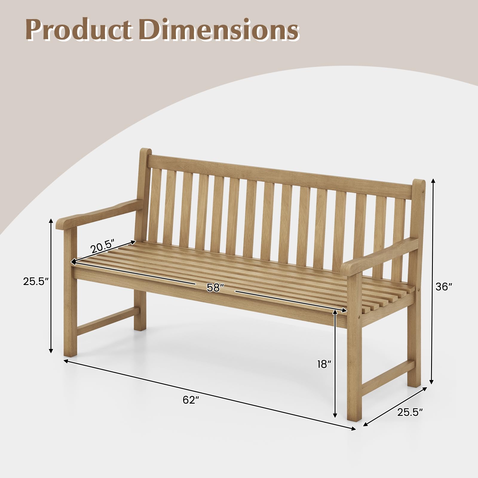 Tangkula 62" Natural Teak Wood 3-Person Outdoor Bench with Ergonomic Design and Comfortable Slatted Seat - WoodArtSupply