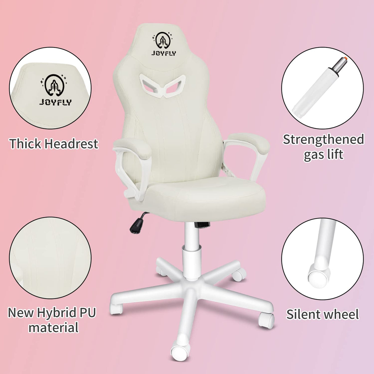 JOYFLY White Gaming Chair, Gaming Chair for Girls Teens, Kawaii Gaming Chair Ergonomic PC Office Chair with Dirt-Resistant Leather(White) JOYFLY