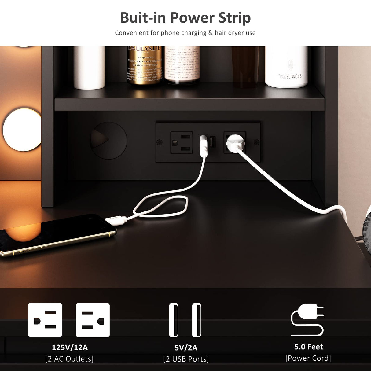 Vabches Makeup Vanity with Lights, 37inch Vanity Desk with Power Strip, 4 Drawers Makeup Table with Lighted Mirror, 3 Lighting Colors,Black Vabches