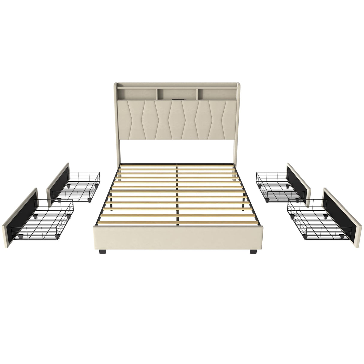 LegacyAmerhome Queen Bed Frame, Velvet Upholstered LED Platform Bed with Headboard Storage, Queen Bed Built-in Charging Station with 4 Drawers, Wood Slat Support, No Box Spring Needed, Beige LegacyAmerhome