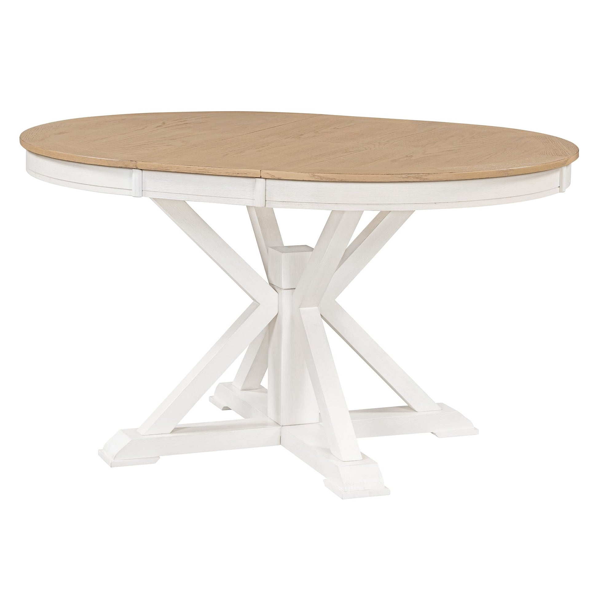 FIVEGIVEN Farmhouse Dining Table for Kitchen 54x42 Inch Expandable Oval Table Top with Hidden Butterfly Leaf Trestle Pedestal Base Natural Wood/White - WoodArtSupply