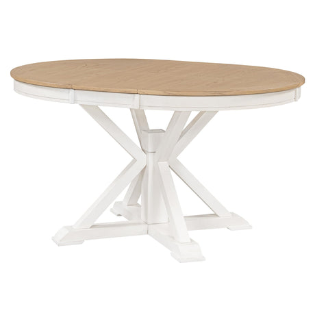 FIVEGIVEN Farmhouse Dining Table for Kitchen 54x42 Inch Expandable Oval Table Top with Hidden Butterfly Leaf Trestle Pedestal Base Natural Wood/White FIVEGIVEN