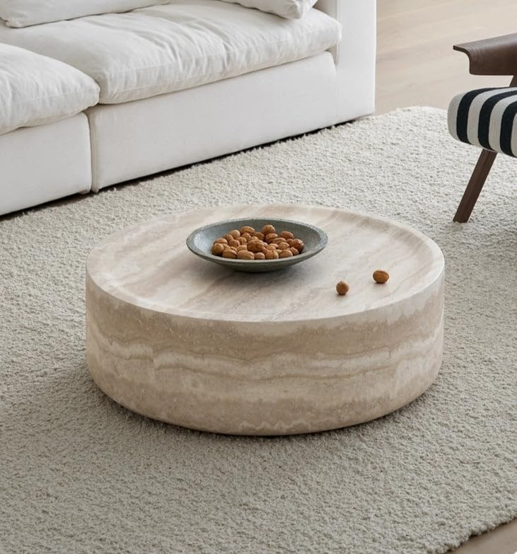 KEIKI 35" Round Fiberglass Coffee Table with Faux Mars Pattern, Modern Style Circle Coffee Table with Faux Travertine Textured, No Assembly Required, for Living Room, Bedroom, Reception Room, Marble KEIKI