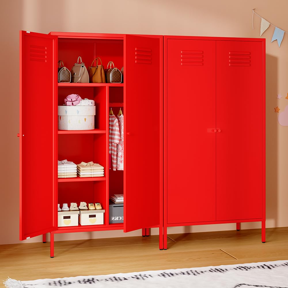 LINGZOE 2 Magnetic Doors Steel Wardrobe Closet Storages Accent Cabinet with Hanging Rod and Laminate,Classified Storage Metal Tall Storage lockers Armoire with Leg for Home Bedroom(red) LINGZOE