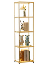 MANBUR Display Shelf with Dimmable LED Floor Lamp, Display Cabinet with Glass Bookcase, Home Decor, Bedroom Decor, Bookshelf with Light, Open Book Shelf with 5-Tier Shelf for Living Room Decor Gold MANBUR