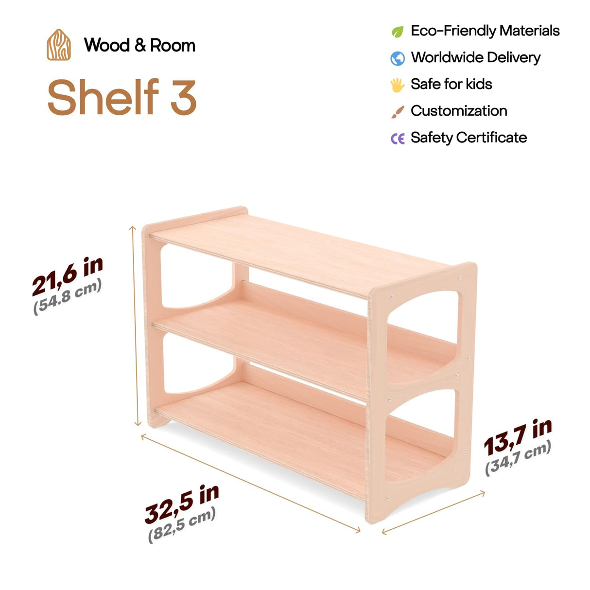 WOOD&ROOM Montessori-inspired Toy and Book Organizer for Kids Room Shelf Home | Sturdy and Safe Bookcase for Toys and Books (Shelf 3) WOOD&ROOM